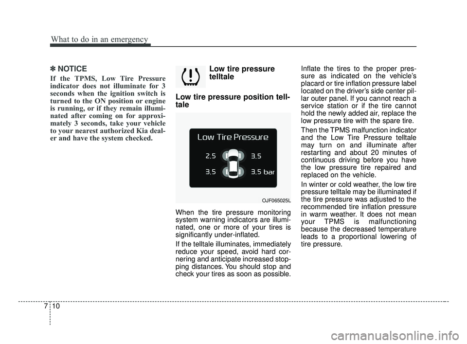 KIA OPTIMA 2017 Owners Manual What to do in an emergency
10
7
✽ ✽
NOTICE
If the TPMS, Low Tire Pressure
indicator does not illuminate for 3
seconds when the ignition switch is
turned to the ON position or engine
is running, or KIA OPTIMA 2017 Owners Manual What to do in an emergency
10
7
✽ ✽
NOTICE
If the TPMS, Low Tire Pressure
indicator does not illuminate for 3
seconds when the ignition switch is
turned to the ON position or engine
is running, or