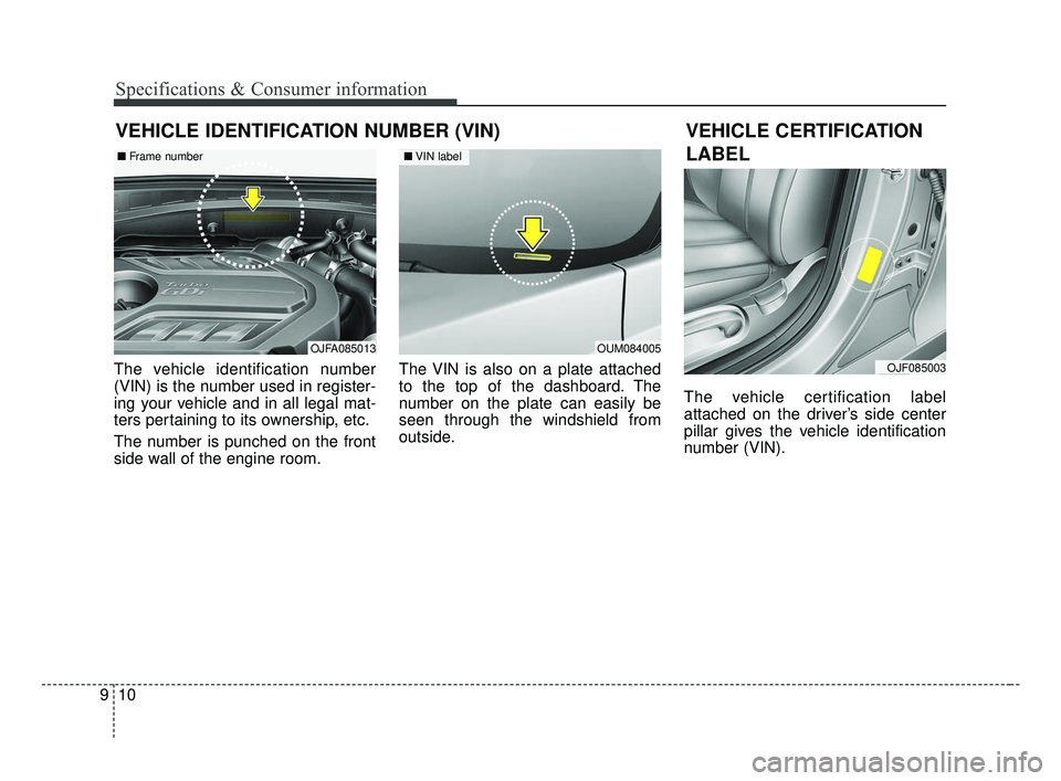 KIA OPTIMA 2017 Owners Manual Specifications & Consumer information
10
9
VEHICLE IDENTIFICATION NUMBER (VIN)
The vehicle identification number
(VIN) is the number used in register-
ing your vehicle and in all legal mat-
ters perta KIA OPTIMA 2017 Owners Manual Specifications & Consumer information
10
9
VEHICLE IDENTIFICATION NUMBER (VIN)
The vehicle identification number
(VIN) is the number used in register-
ing your vehicle and in all legal mat-
ters perta