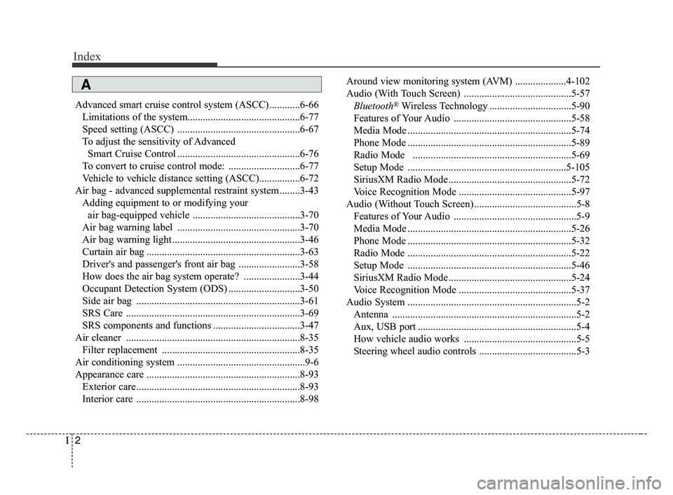 KIA OPTIMA 2017 Owners Manual Index
2I
Advanced smart cruise control system (ASCC) ............6-66Limitations of the system............................................6-7\
7
Speed setting (ASCC) .................................. KIA OPTIMA 2017 Owners Manual Index
2I
Advanced smart cruise control system (ASCC) ............6-66Limitations of the system............................................6-7\
7
Speed setting (ASCC) ..................................