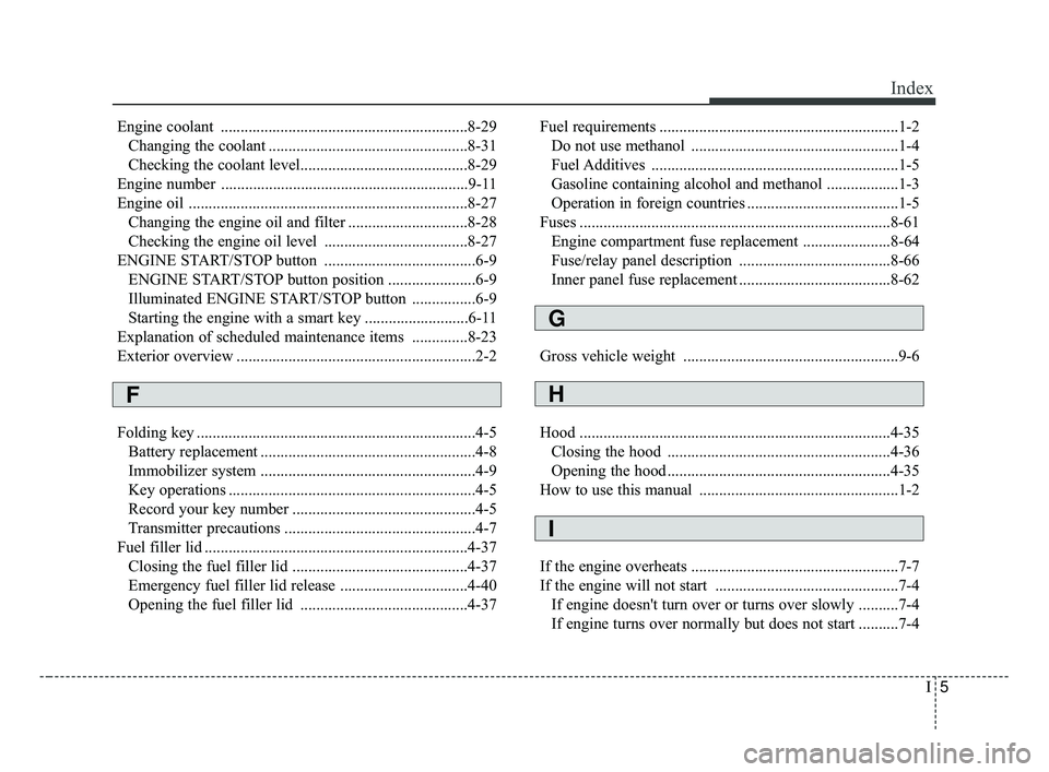 KIA OPTIMA 2017  Owners Manual I5
Index
Engine coolant ..............................................................8-29Changing the coolant ..................................................8-31
Checking the coolant level........