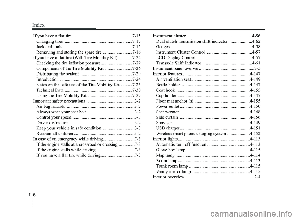 KIA OPTIMA 2017 Owners Manual Index
6I
If you have a flat tire ....................................................7-15Changing tires ............................................................7-17
Jack and tools ................ KIA OPTIMA 2017 Owners Manual Index
6I
If you have a flat tire ....................................................7-15Changing tires ............................................................7-17
Jack and tools ................