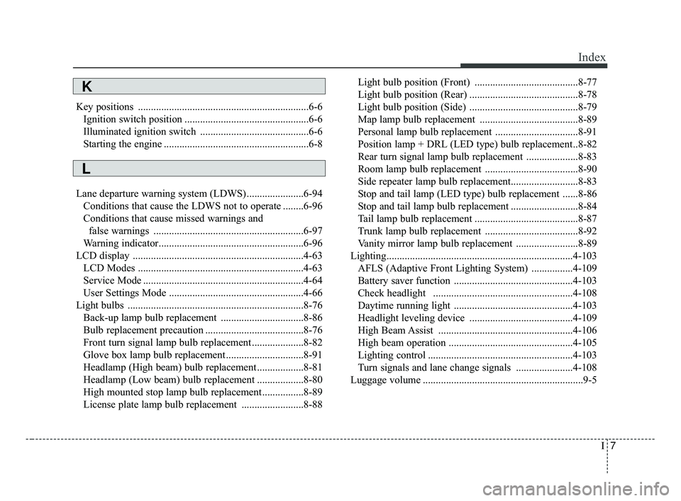 KIA OPTIMA 2017  Owners Manual I7
Index
Key positions ..................................................................6-6Ignition switch position ................................................6-6
Illuminated ignition switch ...