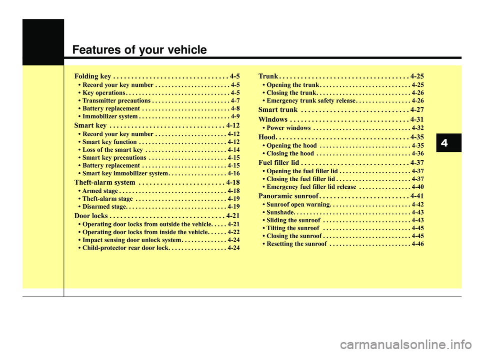 KIA OPTIMA 2017 Owners Manual Features of your vehicle
Folding key . . . . . . . . . . . . . . . . . . . . . . . . . . . . . . . . 4-5
• Record your key number . . . . . . . . . . . . . . . . . . . . . . . 4-5
• Key operations KIA OPTIMA 2017 Owners Manual Features of your vehicle
Folding key . . . . . . . . . . . . . . . . . . . . . . . . . . . . . . . . 4-5
• Record your key number . . . . . . . . . . . . . . . . . . . . . . . 4-5
• Key operations