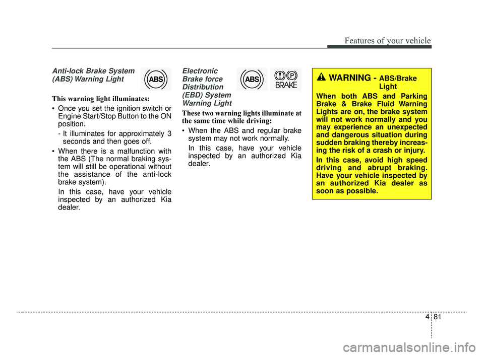 KIA RIO 2020  Owners Manual 481
Features of your vehicle
Anti-lock Brake System(ABS) Warning  Light
This warning light illuminates:
 Once you set the ignition switch or Engine Start/Stop Button to the ON
position.
- It illuminat