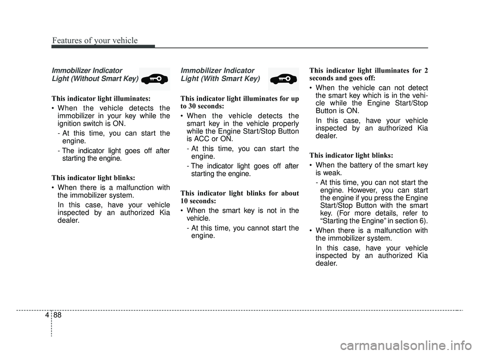 KIA RIO 2020  Owners Manual Features of your vehicle
88
4
Immobilizer Indicator
Light (Without Smart Key)
This indicator light illuminates:
 When the vehicle detects the immobilizer in your key while the
ignition switch is ON.
-