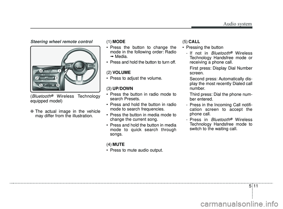 KIA RIO 2020  Owners Manual Audio system
11
5
Steering wheel remote control
(Bluetooth®Wireless Technology
equipped model)
❈ The actual image in the vehicle
may differ from the illustration. (1)
MODE
 Press the button to chan