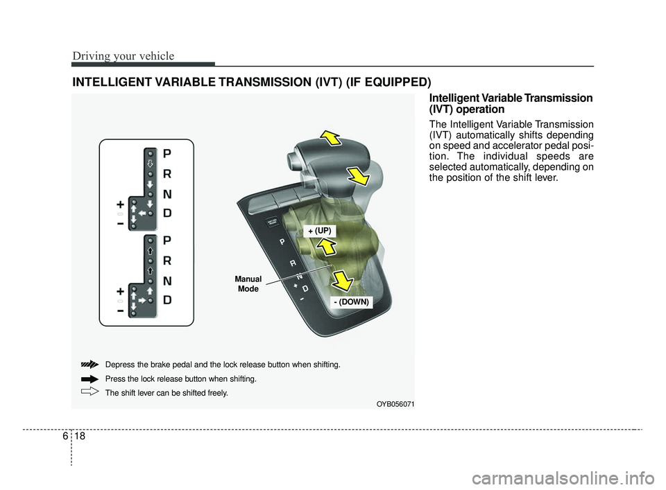 KIA RIO 2020  Owners Manual Driving your vehicle
18
6
Intelligent Variable Transmission
(IVT) operation
The Intelligent Variable Transmission
(IVT) automatically shifts depending
on speed and accelerator pedal posi-
tion. The in