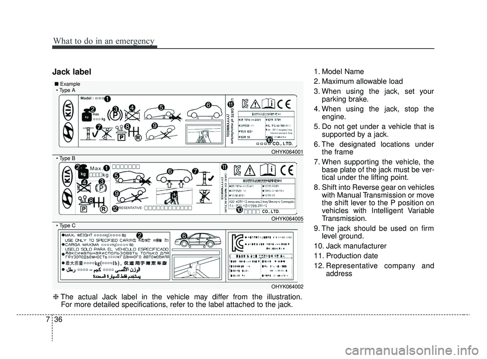KIA RIO 2020 Owners Manual What to do in an emergency
36
7
Jack label1. Model Name
2. Maximum allowable load
3. When using the jack, set your
parking brake.
4. When using the jack, stop the engine.
5. Do not get under a vehicle KIA RIO 2020 Owners Manual What to do in an emergency
36
7
Jack label1. Model Name
2. Maximum allowable load
3. When using the jack, set your
parking brake.
4. When using the jack, stop the engine.
5. Do not get under a vehicle