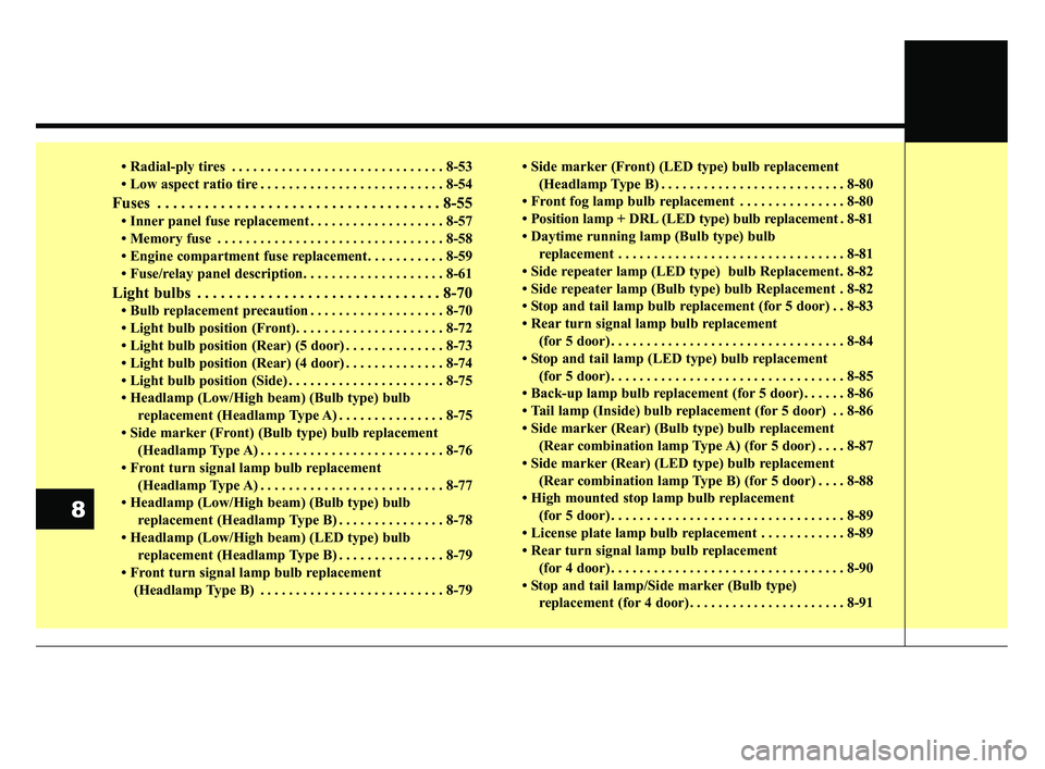 KIA RIO 2020  Owners Manual • Radial-ply tires . . . . . . . . . . . . . . . . . . . . . . . . . . . . . . 8-53
• Low aspect ratio tire . . . . . . . . . . . . . . . . . . . . . . . . . . 8-54
Fuses . . . . . . . . . . . . .