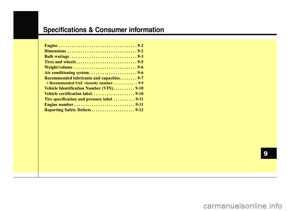 KIA RIO 2020  Owners Manual Specifications & Consumer information
Engine . . . . . . . . . . . . . . . . . . . . . . . . . . . . . . . . . . . . \
9-2
Dimensions . . . . . . . . . . . . . . . . . . . . . . . . . . . . . . . . 9-