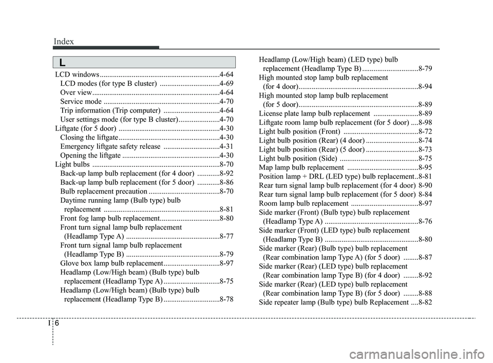 KIA RIO 2020  Owners Manual Index
6I
LCD windows ................................................................4-64LCD modes (for type B cluster) ................................4-69
Over view .................................