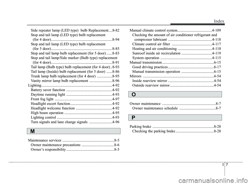 KIA RIO 2020  Owners Manual I7
Index
Side repeater lamp (LED type)  bulb Replacement....8-82
Stop and tail lamp (LED type) bulb replacement  (for 4 door)................................................................8-94
Stop a