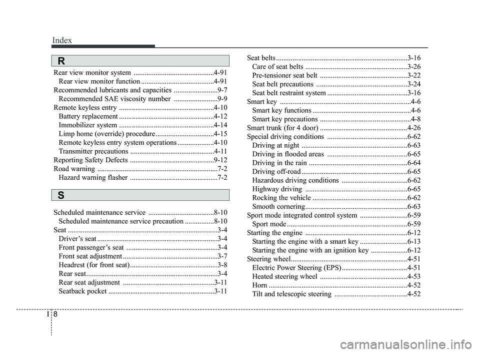 KIA RIO 2020  Owners Manual Index
8I
Rear view monitor system ............................................4-91Rear view monitor function ........................................4-91
Recommended lubricants and capacities ........