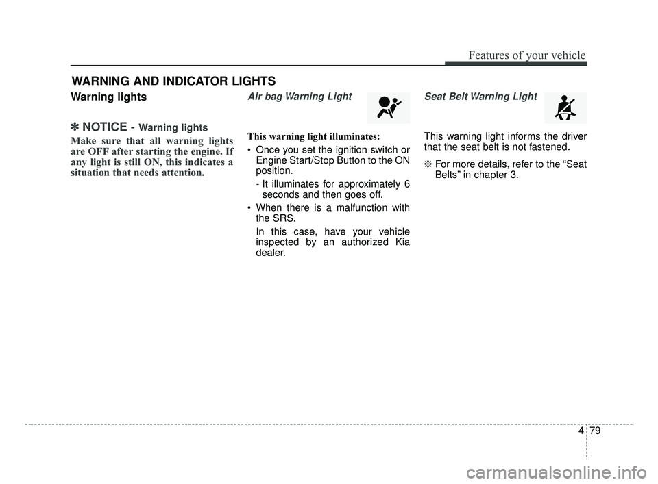 KIA RIO 2019  Owners Manual 479
Features of your vehicle
Warning lights
✽ ✽NOTICE - Warning lights
Make sure that all warning lights
are OFF after starting the engine. If
any light is still ON, this indicates a
situation tha
