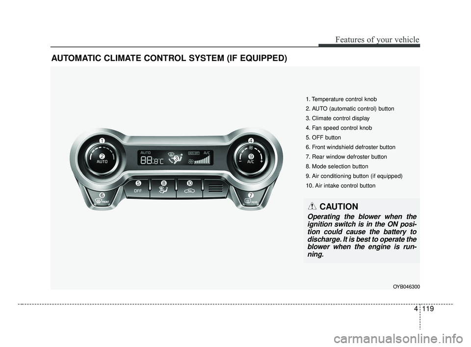 KIA RIO 2019 Owners Manual 4119
Features of your vehicle
AUTOMATIC CLIMATE CONTROL SYSTEM (IF EQUIPPED)
OYB046300
1. Temperature control knob
2. AUTO (automatic control) button
3. Climate control display
4. Fan speed control kn