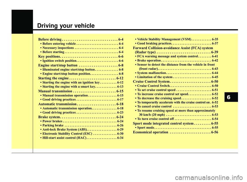 KIA RIO 2019  Owners Manual Driving your vehicle
Before driving . . . . . . . . . . . . . . . . . . . . . . . . . . . . . . 6-4
• Before entering vehicle . . . . . . . . . . . . . . . . . . . . . . . . . 6-4
• Necessary insp