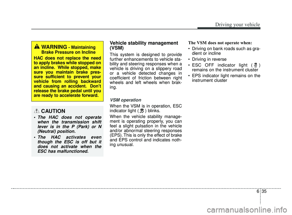 KIA RIO 2019  Owners Manual 635
Driving your vehicle
Vehicle stability management
(VSM)
This system is designed to provide
further enhancements to vehicle sta-
bility and steering responses when a
vehicle is driving on a slipper