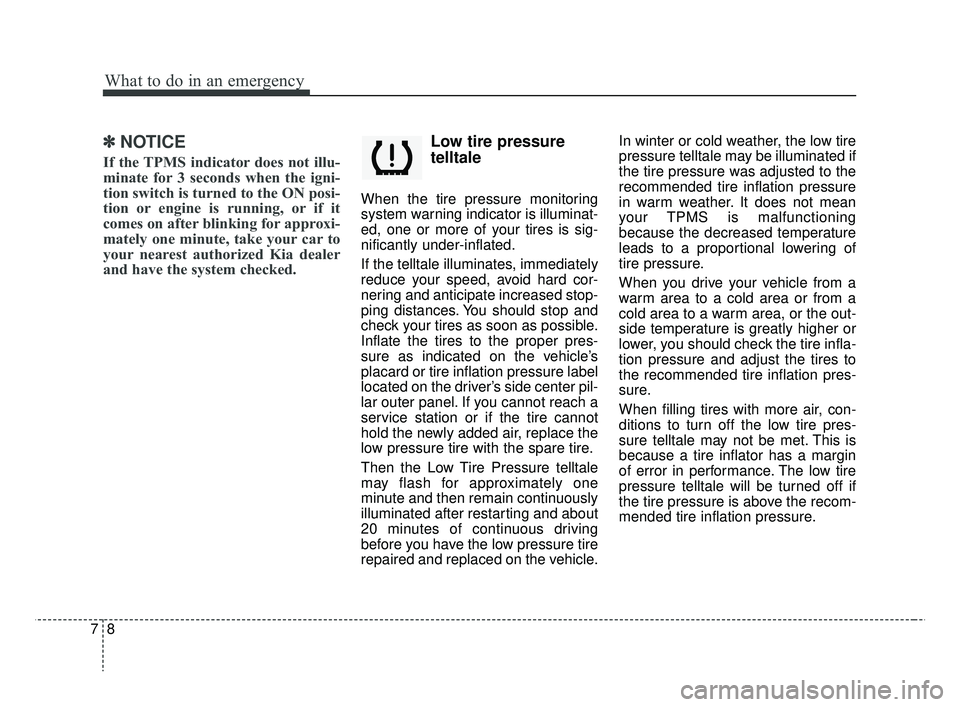 KIA RIO 2019  Owners Manual What to do in an emergency
87
✽ ✽NOTICE
If the TPMS indicator does not illu-
minate for 3 seconds when the igni-
tion switch is turned to the ON posi-
tion or engine is running, or if it
comes on 