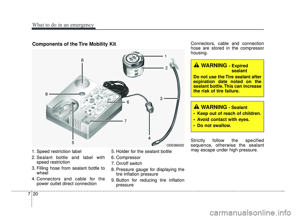KIA RIO 2019 Owners Manual What to do in an emergency
20
7
1. Speed restriction label
2. Sealant bottle and label with
speed restriction
3. Filling hose from sealant bottle to wheel
4. Connectors and cable for the power outlet KIA RIO 2019 Owners Manual What to do in an emergency
20
7
1. Speed restriction label
2. Sealant bottle and label with
speed restriction
3. Filling hose from sealant bottle to wheel
4. Connectors and cable for the power outlet