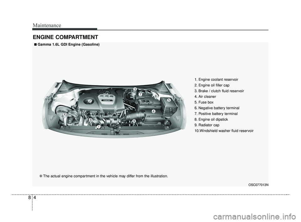 KIA RIO 2019 Owners Manual Maintenance
48
ENGINE COMPARTMENT
OSC077013N
■ ■Gamma 1.6L GDI Engine (Gasoline)❈ The actual engine compartment in the vehicle may differ from the illustration. 1. Engine coolant reservoir
2. En KIA RIO 2019 Owners Manual Maintenance
48
ENGINE COMPARTMENT
OSC077013N
■ ■Gamma 1.6L GDI Engine (Gasoline)❈ The actual engine compartment in the vehicle may differ from the illustration. 1. Engine coolant reservoir
2. En