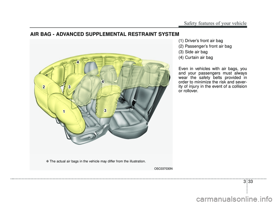 KIA RIO 2019 Service Manual 333
Safety features of your vehicle
(1) Driver’s front air bag
(2) Passenger’s front air bag
(3) Side air bag
(4) Curtain air bag
Even in vehicles with air bags, you
and your passengers must alway KIA RIO 2019 Service Manual 333
Safety features of your vehicle
(1) Driver’s front air bag
(2) Passenger’s front air bag
(3) Side air bag
(4) Curtain air bag
Even in vehicles with air bags, you
and your passengers must alway