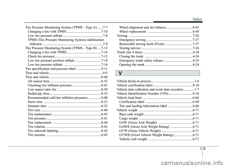 KIA RIO 2019 Owners Manual I9
Index
Tire Pressure Monitoring System (TPMS - Type A) ......7-7Changing a tire with TPMS ........................................7-10
Low tire pressure telltale .................................... KIA RIO 2019 Owners Manual I9
Index
Tire Pressure Monitoring System (TPMS - Type A) ......7-7Changing a tire with TPMS ........................................7-10
Low tire pressure telltale ....................................