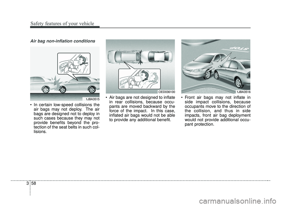 KIA RIO 2019 Manual PDF Safety features of your vehicle
58
3
Air bag non-inflation conditions
In certain low-speed collisions the
air bags may not deploy. The air
bags are designed not to deploy in
such cases because they m KIA RIO 2019 Manual PDF Safety features of your vehicle
58
3
Air bag non-inflation conditions
In certain low-speed collisions the
air bags may not deploy. The air
bags are designed not to deploy in
such cases because they m