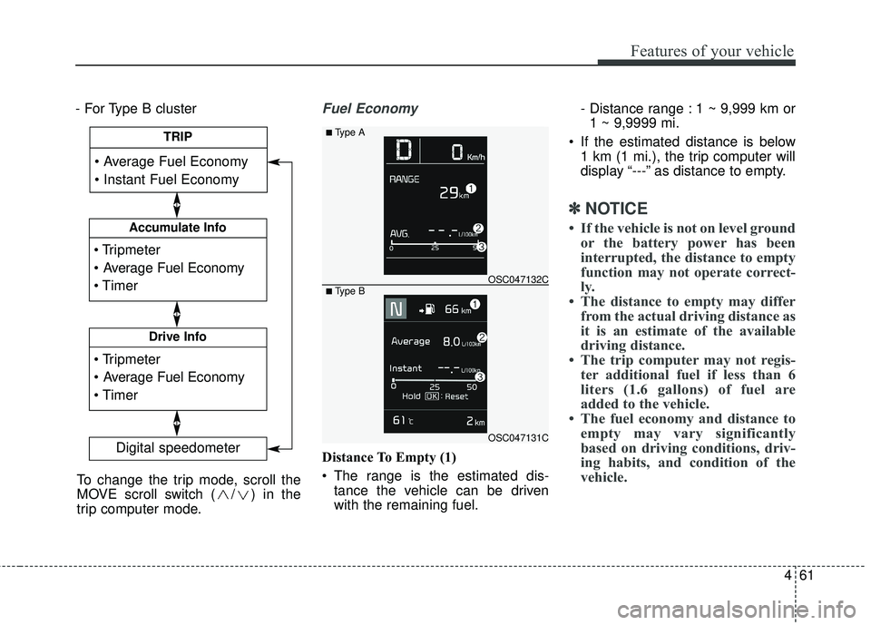 KIA RIO 2018  Owners Manual 461
Features of your vehicle
- For Type B clusterFuel Economy
Distance To Empty (1)
 The range is the estimated dis-tance the vehicle can be driven
with the remaining fuel. - Distance range : 1 ~ 9,99