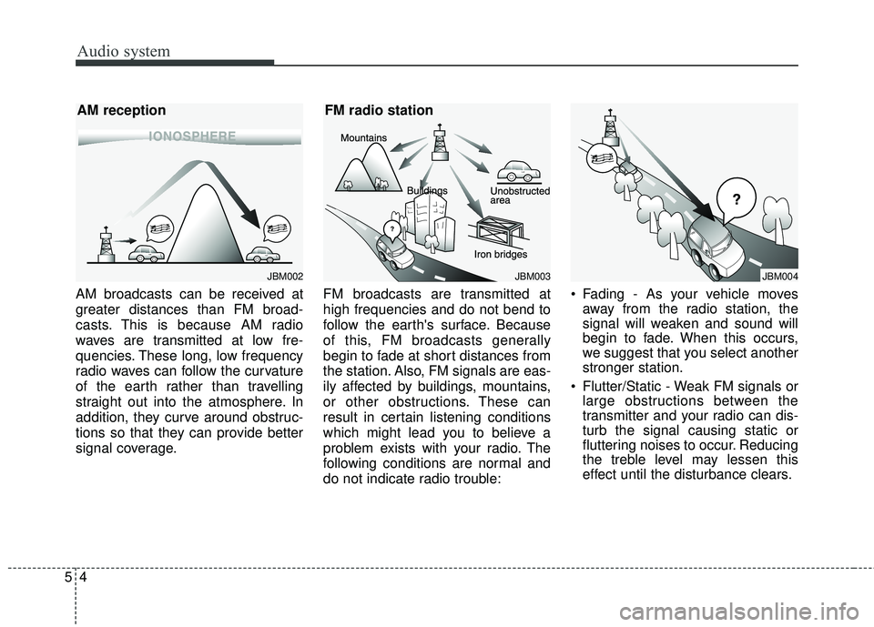 KIA RIO 2018 Owners Manual Audio system
54AM broadcasts can be received at
greater distances than FM broad-
casts. This is because AM radio
waves are transmitted at low fre-
quencies. These long, low frequency
radio waves can f KIA RIO 2018 Owners Manual Audio system
54AM broadcasts can be received at
greater distances than FM broad-
casts. This is because AM radio
waves are transmitted at low fre-
quencies. These long, low frequency
radio waves can f