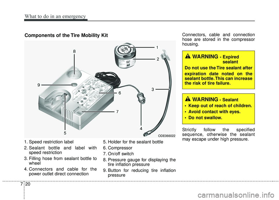 KIA RIO 2018  Owners Manual What to do in an emergency
20
7
1. Speed restriction label
2. Sealant bottle and label with
speed restriction
3. Filling hose from sealant bottle to wheel
4. Connectors and cable for the power outlet 