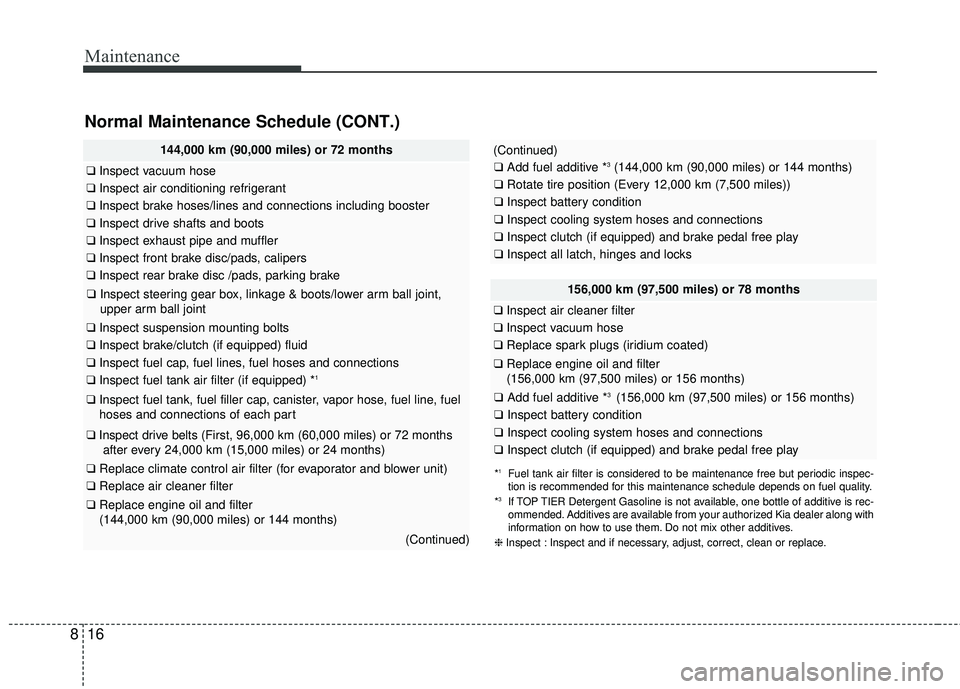 KIA RIO 2018 Owners Manual Maintenance
16
8
Normal Maintenance Schedule (CONT.)
156,000 km (97,500 miles) or 78 months
❑ Inspect air cleaner filter
❑Inspect vacuum hose
❑Replace spark plugs (iridium coated)
❑Replace eng KIA RIO 2018 Owners Manual Maintenance
16
8
Normal Maintenance Schedule (CONT.)
156,000 km (97,500 miles) or 78 months
❑ Inspect air cleaner filter
❑Inspect vacuum hose
❑Replace spark plugs (iridium coated)
❑Replace eng