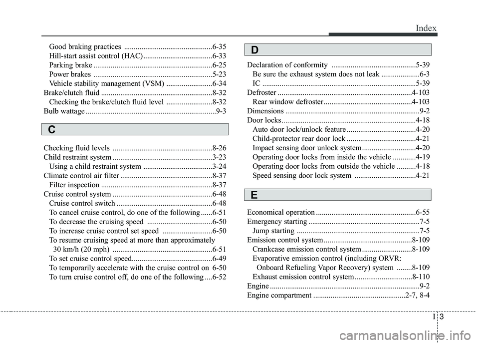 KIA RIO 2018  Owners Manual I3
Index
Good braking practices ..............................................6-35
Hill-start assist control (HAC) ....................................6-33
Parking brake ..............................