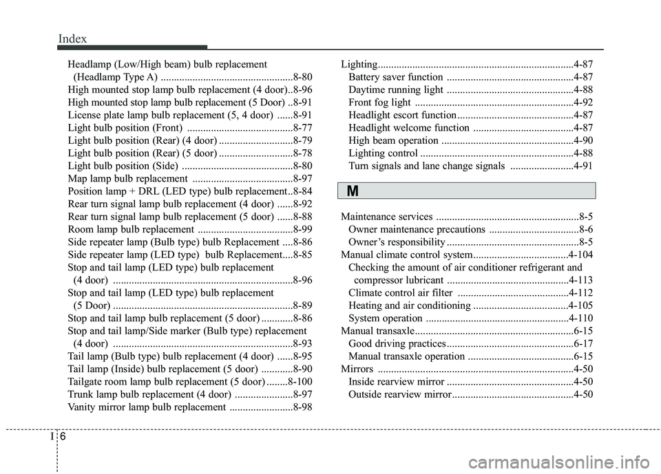 KIA RIO 2018  Owners Manual Index
6I
Headlamp (Low/High beam) bulb replacement(Headlamp Type A) ..................................................8-80
High mounted stop lamp bulb replacement (4 door)..8-96
High mounted stop lamp