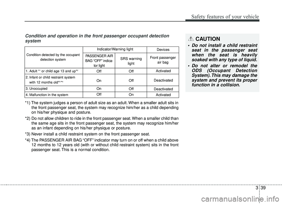 KIA RIO 2018  Owners Manual 339
Safety features of your vehicle
Condition and operation in the front passenger occupant detectionsystem
*1) The system judges a person of adult size as an adult. When a smaller adult sits in
the f
