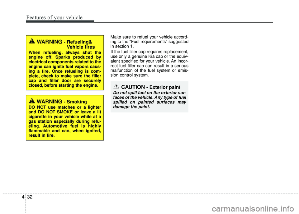 KIA RIO 2017  Owners Manual Features of your vehicle
32
4
Make sure to refuel your vehicle accord-
ing to the "Fuel requirements" suggested
in section 1.
If the fuel filler cap requires replacement,
use only a genuine Kia cap or