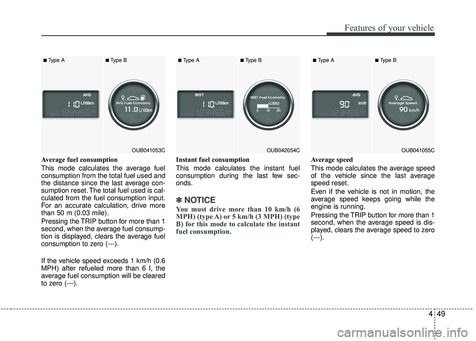 KIA RIO 2017 Owners Manual 449
Features of your vehicle
Average fuel consumption
This mode calculates the average fuel
consumption from the total fuel used and
the distance since the last average con-
sumption reset. The total KIA RIO 2017 Owners Manual 449
Features of your vehicle
Average fuel consumption
This mode calculates the average fuel
consumption from the total fuel used and
the distance since the last average con-
sumption reset. The total