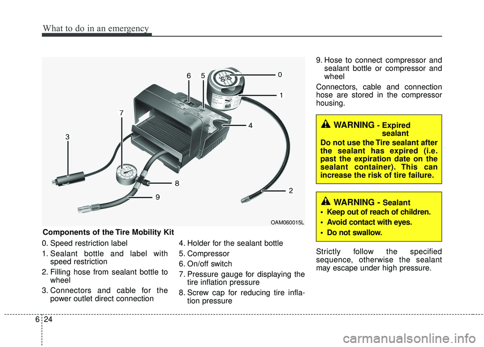 KIA RIO 2017 Owners Manual What to do in an emergency
24
6
0. Speed restriction label
1. Sealant bottle and label with
speed restriction
2. Filling hose from sealant bottle to wheel
3. Connectors and cable for the power outlet KIA RIO 2017 Owners Manual What to do in an emergency
24
6
0. Speed restriction label
1. Sealant bottle and label with
speed restriction
2. Filling hose from sealant bottle to wheel
3. Connectors and cable for the power outlet