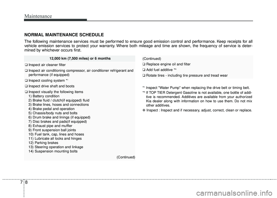 KIA RIO 2017 Owners Manual Maintenance
87
NORMAL MAINTENANCE SCHEDULE
The following maintenance services must be performed to ensure good emission control and performance. Keep receipts for all
vehicle emission services to prot KIA RIO 2017 Owners Manual Maintenance
87
NORMAL MAINTENANCE SCHEDULE
The following maintenance services must be performed to ensure good emission control and performance. Keep receipts for all
vehicle emission services to prot