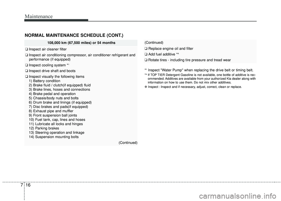KIA RIO 2017 Owners Manual Maintenance
16
7
NORMAL MAINTENANCE SCHEDULE (CONT.)
*1lnspect "Water Pump" when replacing the drive belt or timing belt.
*AIf TOP TIER Detergent Gasoline is not available, one bottle of additive is r KIA RIO 2017 Owners Manual Maintenance
16
7
NORMAL MAINTENANCE SCHEDULE (CONT.)
*1lnspect "Water Pump" when replacing the drive belt or timing belt.
*AIf TOP TIER Detergent Gasoline is not available, one bottle of additive is r