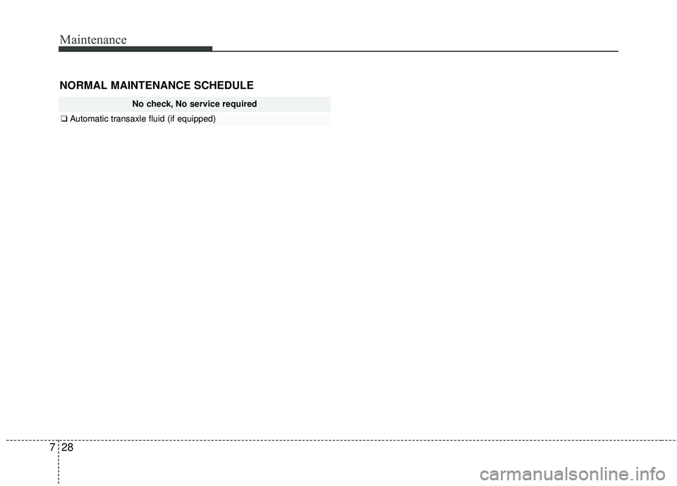 KIA RIO 2017 Owners Manual Maintenance
28
7
NORMAL MAINTENANCE SCHEDULE
No check, No service required
❑ Automatic transaxle fluid (if equipped) KIA RIO 2017 Owners Manual Maintenance
28
7
NORMAL MAINTENANCE SCHEDULE
No check, No service required
❑ Automatic transaxle fluid (if equipped)