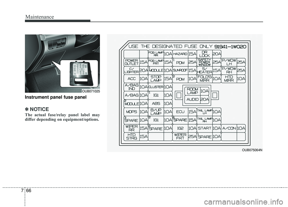 KIA RIO 2017  Owners Manual Maintenance
66
7
Instrument panel fuse panel
✽ ✽
NOTICE
The actual fuse/relay panel label may
differ depending on equipment/options.
OUB075064N
OUB071025 