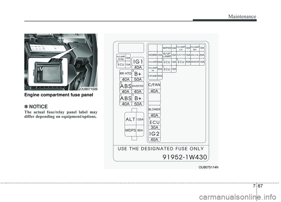 KIA RIO 2017  Owners Manual 767
Maintenance
Engine compartment fuse panel
✽ ✽NOTICE
The actual fuse/relay panel label may
differ depending on equipment/options.
OUB071026
OUB075114N 
