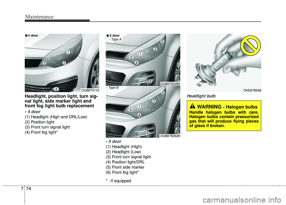 KIA RIO 2017  Owners Manual Maintenance
74
7
Headlight, position light, turn sig-
nal light, side marker light and
front fog light bulb replacement

(1) Headlight (High and DRL/Low)
(2) Position light
(3) Front turn signal light