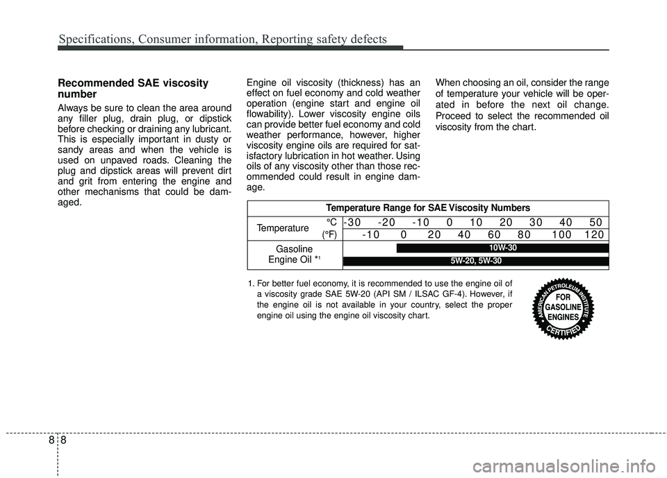 KIA RIO 2017 Owners Manual Specifications, Consumer information, Reporting safety defects
88
Recommended SAE viscosity
number
Always be sure to clean the area around
any filler plug, drain plug, or dipstick
before checking or d KIA RIO 2017 Owners Manual Specifications, Consumer information, Reporting safety defects
88
Recommended SAE viscosity
number
Always be sure to clean the area around
any filler plug, drain plug, or dipstick
before checking or d
