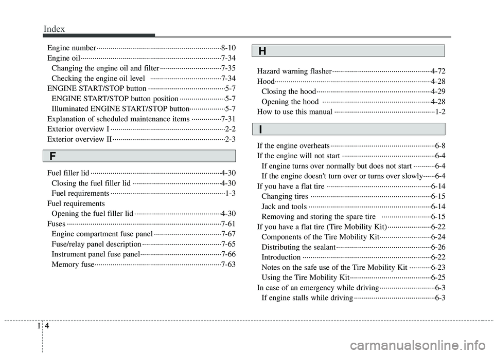 KIA RIO 2017  Owners Manual Index
4I
Engine number ··················\
··················\
··················\
·········8-10
Engine oil ··············