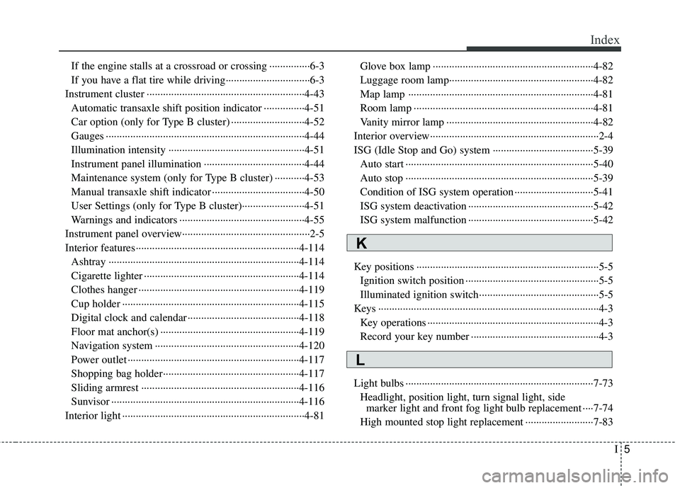 KIA RIO 2017  Owners Manual I5
Index
If the engine stalls at a crossroad or crossing ···············6-3
If you have a flat tire while driving··················\
·············6-3
Inst