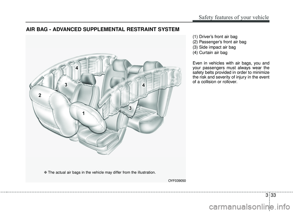 KIA RIO 2017 Service Manual 333
Safety features of your vehicle
(1) Driver’s front air bag
(2) Passenger’s front air bag
(3) Side impact air bag
(4) Curtain air bag
Even in vehicles with air bags, you and
your passengers mus