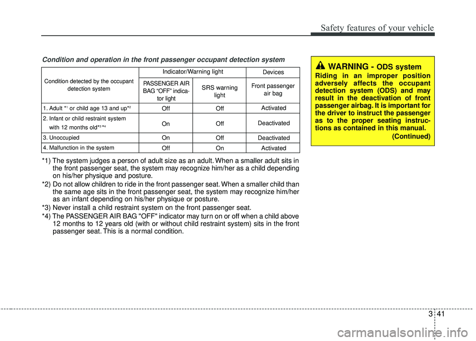 KIA RIO 2017 Workshop Manual 341
Safety features of your vehicle
WARNING - ODS system
Riding in an improper position
adversely affects the occupant
detection system (ODS) and may
result in the deactivation of front
passenger airb