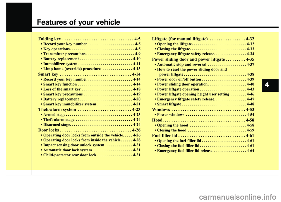 KIA SEDONA 2020 Owners Manual Features of your vehicle
Folding key . . . . . . . . . . . . . . . . . . . . . . . . . . . . . . . . 4-5
• Record your key number . . . . . . . . . . . . . . . . . . . . . . . 4-5
• Key operations KIA SEDONA 2020 Owners Manual Features of your vehicle
Folding key . . . . . . . . . . . . . . . . . . . . . . . . . . . . . . . . 4-5
• Record your key number . . . . . . . . . . . . . . . . . . . . . . . 4-5
• Key operations