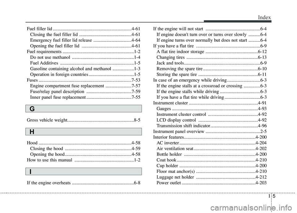 KIA SEDONA 2020  Owners Manual I5
Index
Fuel filler lid ..................................................................4-61Closing the fuel filler lid ............................................4-61
Emergency fuel filler lid re
